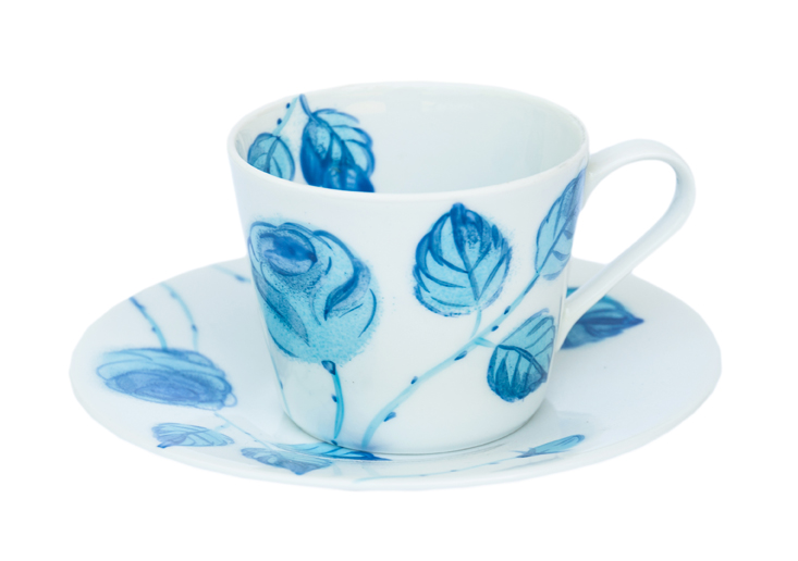Blaue Rosen Tasse mit Unterteller 0,22 l