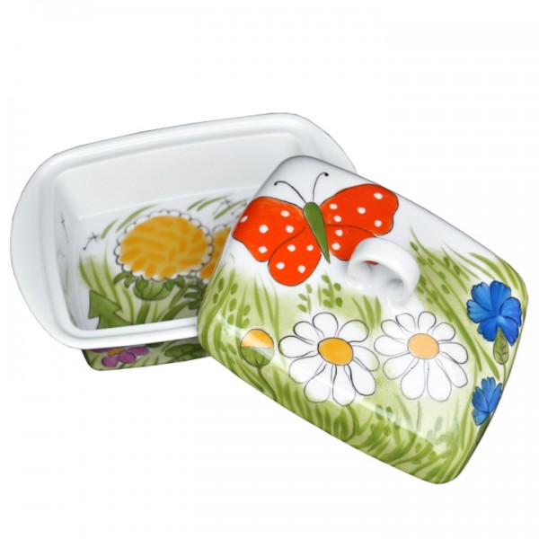 "Alle Blumen" Butterdose mit orangem Schmetterling aus Porzellan