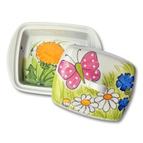 Alle Blumen mit rosa weiß gepunkteten Schmetterling Butterdose aus Porzellan